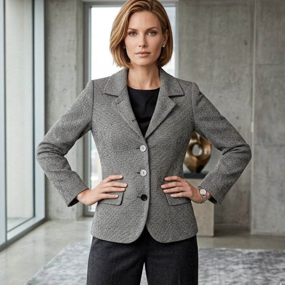 Nina Mclemore Blazer 100% Lambswool Tweed Jacket Button Front Gray Career size 0